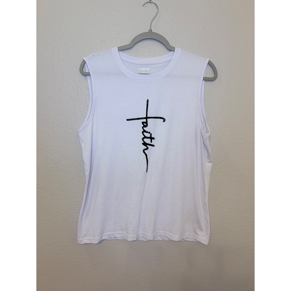 SHEIN White Faith Cross Graphic Muscle Tank Top Sleeveless Tee Womens Medium